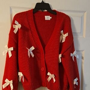 Elegant Red Cardigan with White Bow Details